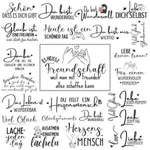 May include: A collection of black script text on a white background. The text includes phrases like "Friendship", "Love", and "Thank you", along with illustrations of hands and hearts. The overall theme is positive and inspirational.