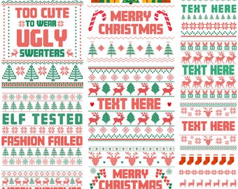 Op de afbeelding: Een verzameling kerstthema-ontwerpen met tekst en patronen. De ontwerpen bevatten zinnen als "TOO CUTE TO WEAR UGLY SWEATERS" en "MERRY CHRISTMAS", samen met rendieren, bomen en sneeuwvlokken. Het kleurenpalet is rood, groen en wit.