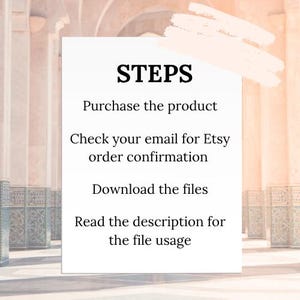 K&ouml;nnte beinhalten: Wei&szlig;es rechteckiges Grafik mit dem Wort &bdquo;STEPS&ldquo; in fetter schwarzer Schrift. Darunter listet der Text Anweisungen auf: Produkt kaufen, E-Mail auf Etsy-Bestellbest&auml;tigung pr&uuml;fen, Dateien herunterladen und Beschreibung lesen.