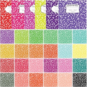 Pode incluir: Uma coleção de cadernos de composição em várias cores, incluindo vermelho, rosa, roxo, verde, laranja e azul. Os cadernos têm um padrão salpicado e as palavras "Composition Book" estão impressas na capa. Cada caderno contém 100 folhas e 200 páginas.