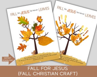 Fall for Jesus He Never Leaves Christian Craft Activity Printable, Fall Bible Craft, Preschool/Kindergartner Fall Hand/Fingerpainting Craft