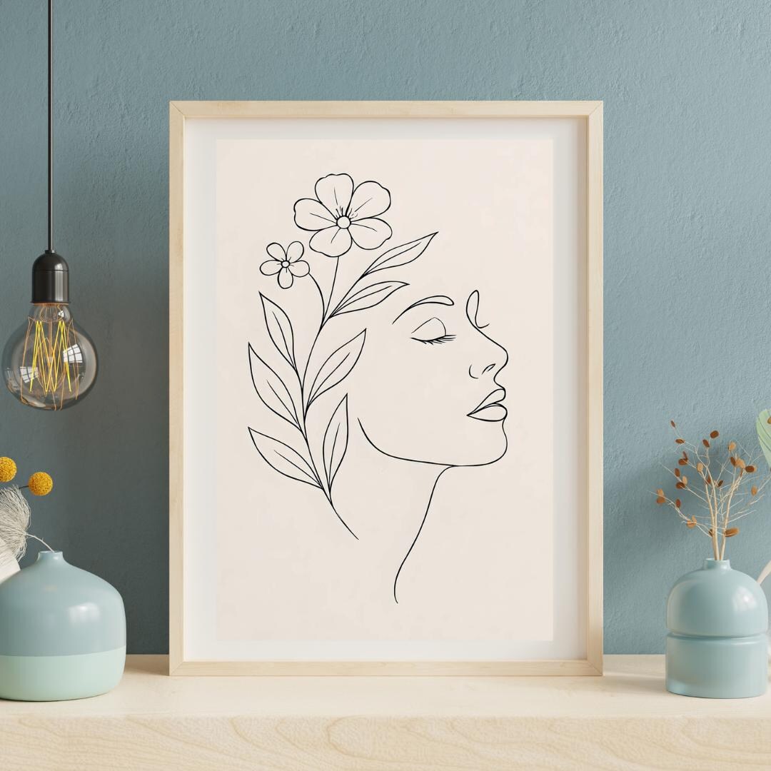 Floral Woman Line Art Print | Minimalist Female Profile With Flowers ...