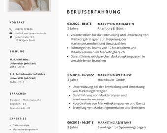 Könnte beinhalten: Ein professioneller Lebenslauf für Jennifer Schröder, eine Marketing Managerin. Der Lebenslauf enthält ihre Kontaktinformationen, Ausbildung, Sprachen und Fachkenntnisse. Er beschreibt ihre Berufserfahrung, einschließlich der Positionen als Marketing Managerin und Marketing Specialist.