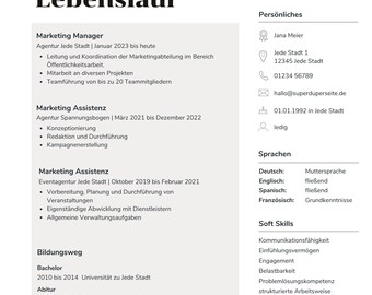 Könnte beinhalten: Ein Lebenslauf in deutscher Sprache mit Arbeitserfahrung im Marketing, Bildung und Fähigkeiten. Das Dokument enthält persönliche Angaben und Sprachkenntnisse. Im Hintergrund lächelt eine professionelle Frau.