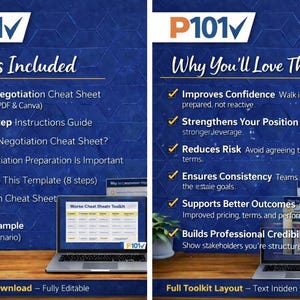May include: A digital negotiation toolkit featuring two panels with blue geometric backgrounds. The left panel lists contents including an editable cheat sheet, instructions, and examples. The right panel outlines benefits like confidence and consistency.