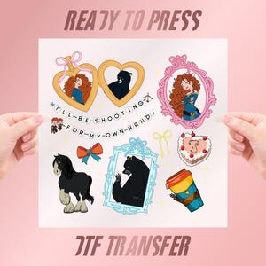 May include: A DTF transfer sheet featuring cartoon illustrations including a heart-shaped locket with a person and a bear, a pink framed portrait, a black horse, a blue framed bear portrait, a coffee cup, and text reading I'LL-BE-SHOOTING-FOR-MY-OWN-HAND.