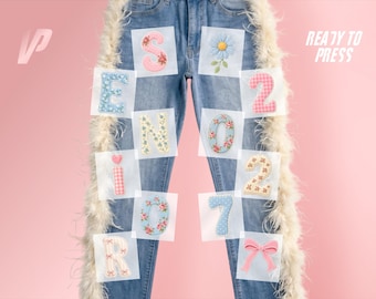 Senior 2027 Jeans Transfer, Ready to Press Floral Patchwork Heat Transfer for Denim, Cottagecore Class of 2027 Iron On DTF