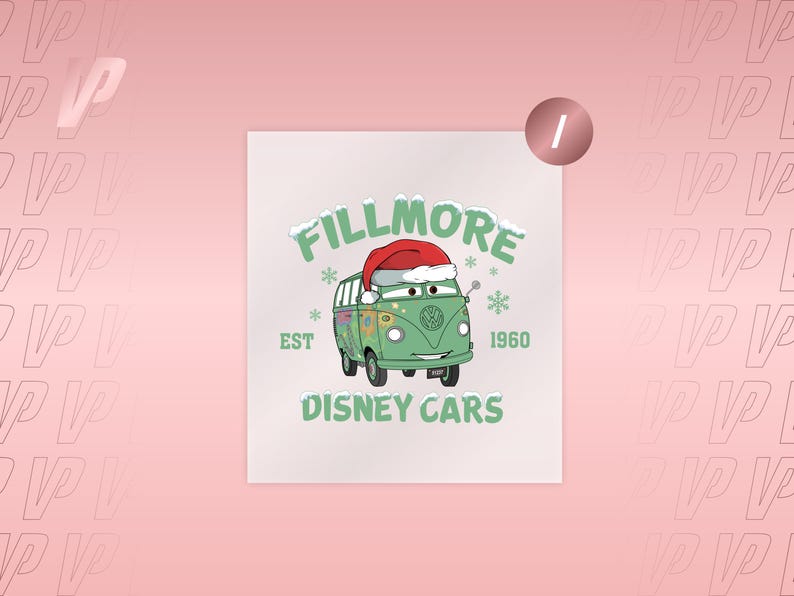 May include: A graphic print featuring Fillmore from Disney Cars, a light green van with a smiling face, wearing a red and white Santa hat. The text reads FILLMORE, EST 1960, and DISNEY CARS in green, surrounded by white snowflakes on a light background.
