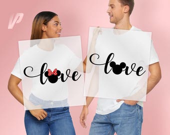 Script Love Mickey and Minnie Ready To Press Dtf, Valentine Love Print Transfer, Heat Press, Disney Couple Shirt