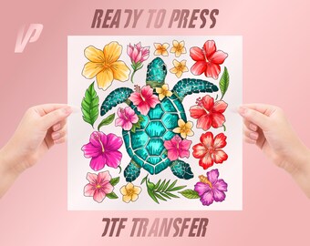 Turtle Flowers DTF Transfer, Summer Vibes Heat Press Design (Ready To Press)