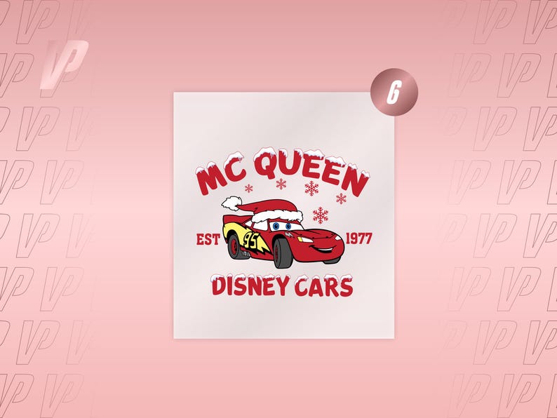 May include: A graphic print featuring Lightning McQueen from Disney Cars wearing a red Santa hat. The text reads MC QUEEN, EST 1977, and DISNEY CARS, accented with red snowflakes and snow-covered lettering on a white background.