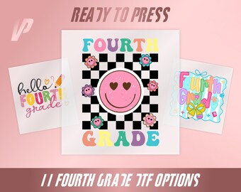 Fourth Grade Ready To Press, 11 DTF Options, 4th Grade Dtf, Back To School Print, Pencil Bow Smiley Design, Heat Press Transfer