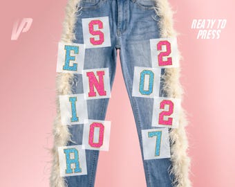 Senior 2027 Jeans Transfer, Ready to Press Glitter Heat Transfer for Denim, Varsity Pink Blue Class of 2027 Iron On DTF
