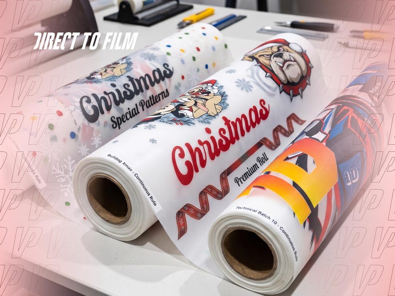 May include: Three rolls of Direct to Film transfer sheets featuring various printed designs. The left roll shows Christmas patterns, the center roll displays a bulldog in a Santa hat with the text Christmas Premium Roll, and the right roll shows a large letter D.