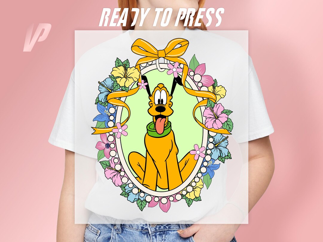 Pluto Disney Print Transfer, Floral Ribbon Frame (ready to Press DTF ...