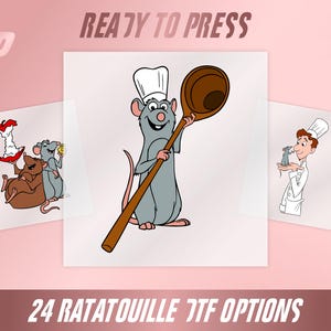 May include: Image featuring cartoon illustrations of rats in chef hats, holding a wooden spoon, and interacting with food. The text "READY TO PRESS" and "24 RATATOUILLE JTF OPTIONS" are displayed on a pink background.