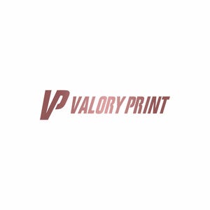 May include: A logo featuring the letters VP in a stylized, slanted font followed by the text VALORY PRINT in a matching slanted, bold typeface. The entire design displays a metallic rose gold gradient finish against a plain white background.