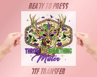 Mardi Gras Deer Mask DTF Transfer, Throw Me Something Mister