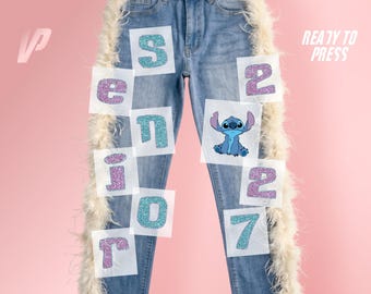 Senior 2027 Stitch Jeans Transfer, Ready to Press Glitter Heat Transfer for Denim, Blue Alien Creature Class of 2027 Iron On DTF
