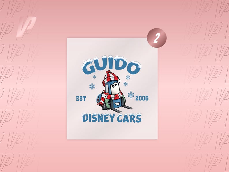 May include: A graphic print featuring the character Guido from Disney Cars wearing a red and white striped winter hat and scarf. The design includes the text GUIDO, EST 2006, and DISNEY CARS in blue, accented with light blue snowflakes.