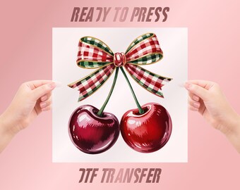 Christmas Cherry Plaid Bow DTF Print Transfer, Holiday Shirt