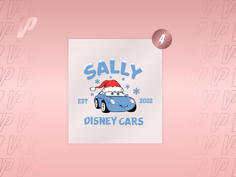 May include: A graphic print featuring a light blue car character wearing a red and white Santa hat, surrounded by blue snowflakes. The text reads SALLY, EST 2002, and DISNEY CARS in light blue lettering against a plain white background.