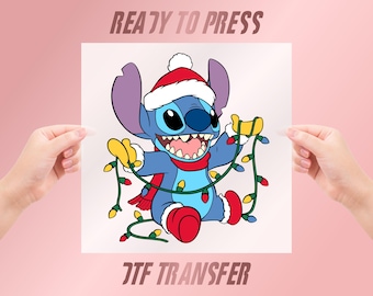 Stitch Christmas DTF Transfer, Xmas Lights, Santa Hat, Holiday Iron On