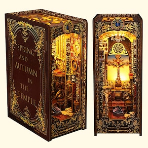 Spring and Autumn Temple DIY Book Nook Kit, Wooden Miniature Dollhouse with Led Light, 3D Puzzle Bookshelf Insert Decor Gift