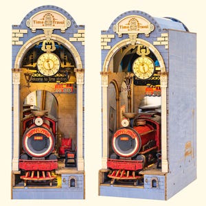 Time Travel Train DIY Book Nook Kit, 3D Wooden Miniature Dollhouse with Led Light, Bookshelf Insert Model, Creative Diorama Gift for Adults