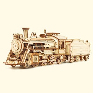 Steam Train 3D Wooden Puzzle Model Kit, DIY Movable Train Assembly, Educational Mechanical Building Toy, Unique Gift for Kids & Adults