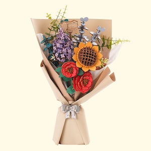 DIY Wooden Flower Bouquet Puzzle, Sunflower, Lilac, and Camellia, Wood Art, 3D Wooden Puzzle Kit for Adults and Teens, Handmade Gift & Decor
