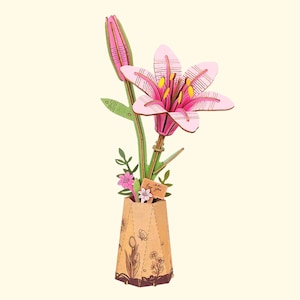 Pink Lily 3D Wooden Puzzle Kit, DIY Wooden Flower Model for Romantic Gifts, Birthday, DIY and Projects, Mother’s Day, and Home Décor