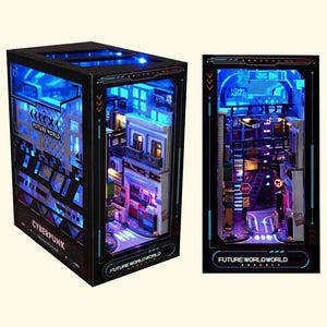 Future World Book Nook Kit, DIY Miniature 3D Wooden Dollhouse with Led Light, Bookshelf Insert Puzzle, Unique Sci-Fi Bookend Decor Gift Idea