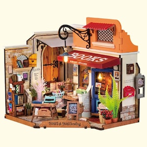 Corner Bookstore DIY Miniature House Kit, LED Light Dollhouse Craft Gift, Book Nook Puzzle for Adults & Kids, Birthday DIY Project