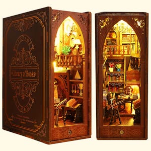 Library of Books DIY Book Nook Kit, Wooden Miniature Dollhouse with Led Light, 3D Puzzle Bookshelf Insert, Bookend Decor Gift for Readers