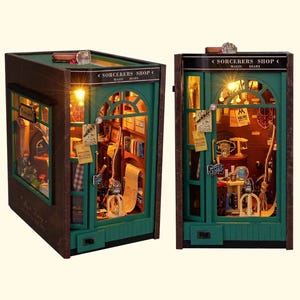 Mystic Tome Sorcerer’s Shop DIY Book Nook Kit, Wooden Miniature Dollhouse with Led Light, 3D Puzzle Bookshelf Insert Magical Library Decor