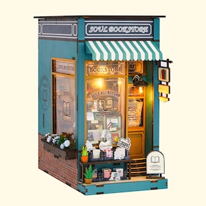 Bookstore Book Nook Kit, DIY Wooden Miniature Dollhouse with Led Light, 3D Puzzle Bookshelf Insert, Unique Library Bookend Decor, Gift Idea