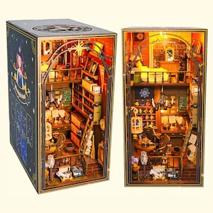 Magic House DIY Book Nook Kit, Miniature Wooden Dollhouse 3D Puzzle with Led Light, Bookshelf Insert Bookend Decor, Creative Gift for Adults