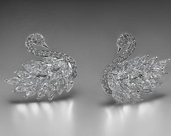 Pendientes de cisne de plata: cristal de circón, joyería hipoalergénica