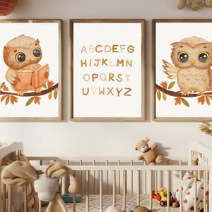 Nursery wall art set, ABC alphabet poster + 2 owl prints, Neutral printable baby room decor, Gender neutral digital download, Poster child