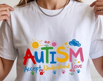 Camiseta "Autismo: Acepta, Comprende, Ama" / Diseño de corazón de rompecabezas colorido