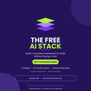 Può includere: Un grafico digitale che mostra una pila di tre quadrati colorati in verde lime, viola chiaro e viola scuro. Il testo recita: THE FREE AI STACK, Build a Complete Professional AI Toolkit Without Paying a Cent, 120+ PAGE MEGA GUIDE, EBOOK PDF.