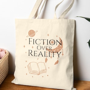 Fiction Over Reality Canvas Tote Bag- Celestial Book Lover Gift, Moon and Stars Tote, Dreamy Literary Aesthetic, Bookish Bag