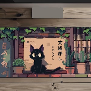 ピクセルアート黒猫デスクマット、日本のピクセルアートマウスパッド、Lofi黒猫マウスパッド、日本の黒猫デスクマット、花柄の日本のデスクマット