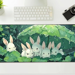 Tapete de escritorio de conejito kawaii, tapete verde lindo, tapete de escritorio de animales de dibujos animados, tapete de escritorio de bosque lindo, tapete de escritorio de conejo de bosque, tapete de escritorio de conejito de anime, regalo