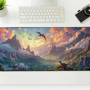 Dinosaur Desk Mat, Jurassic Landscape desk mat, Dinosaur playmat, Dinosaur lover gift, Dinosaur mousepad, large gaming desk mat xl