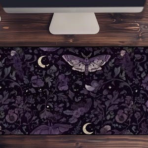 Gothic Cottagecore Desk Mat, Witchy Floral Desk Mat, Moth Mousepad, Large gaming desk mat, Purple Moon desk mat, Home Hoffice Mousepad, gift