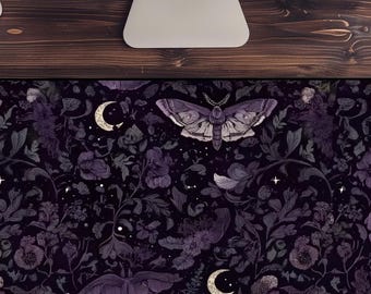 Gothic Cottagecore Desk Mat, Witchy Floral Desk Mat, Moth Mousepad, Large gaming desk mat, Purple Moon desk mat, Home Hoffice Mousepad, gift