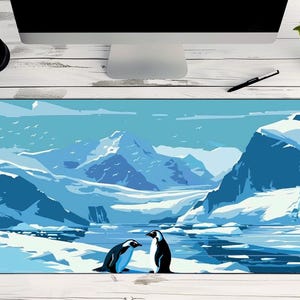 Tapete de escritorio con pingüino, tapete de escritorio con nieve ártica, tapete de escritorio con iceberg, tapete de juego grande ártico, tapete de escritorio con dibujos animados árticos, tapete de escritorio con montaña nevada