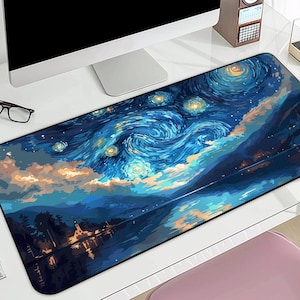 Van Gogh Desk Mat, Landscape Desk mat, Fantasy Mousepad XXL, Watercolor Art Desk mat, Starry Night Desk mat, Moon Desk Pad, Sky Night DeskMat